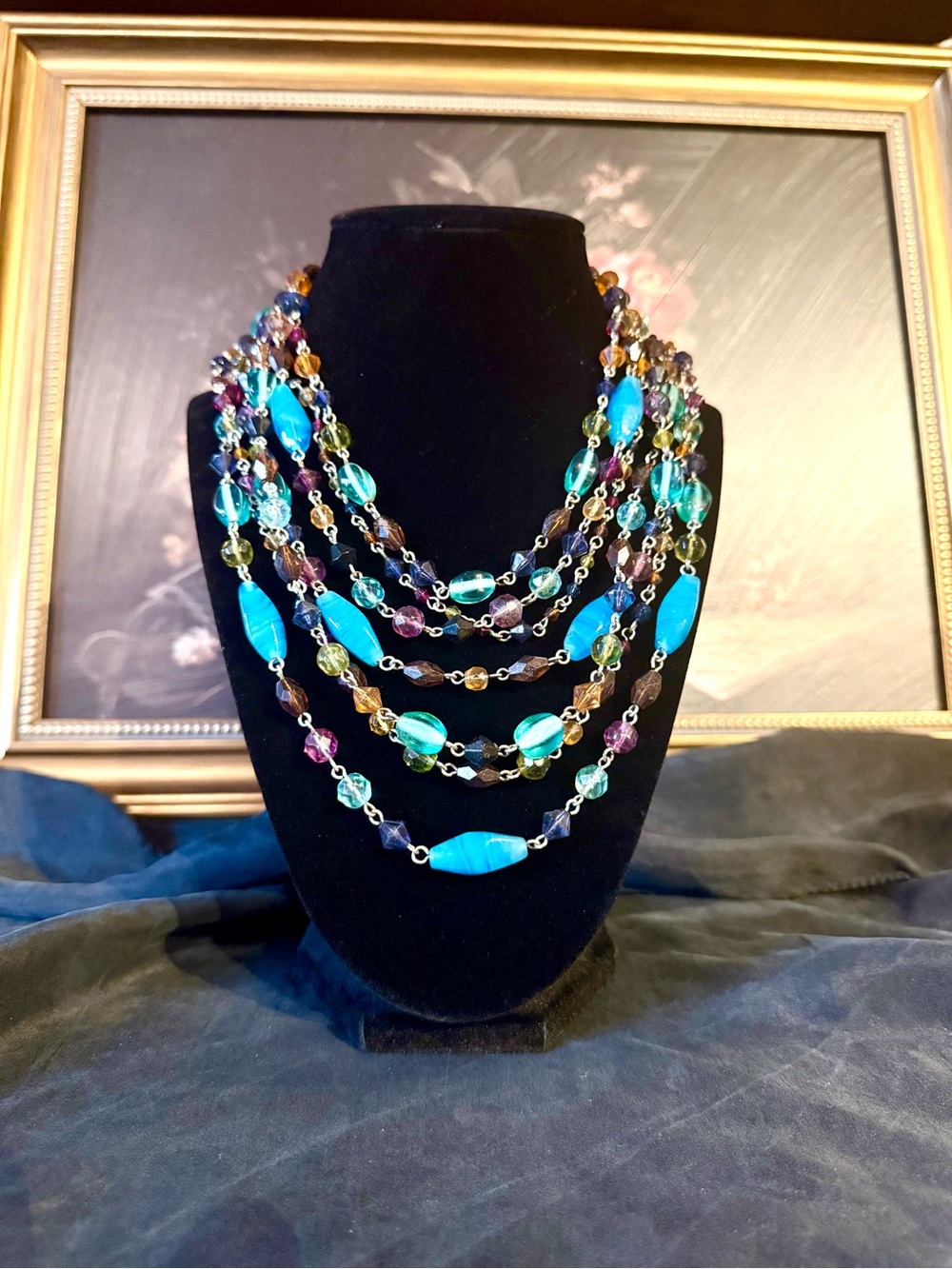 Vintage Lia Sophia Turquoise and Gold Toned Multi-Strand Beaded Necklace
